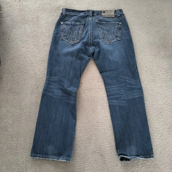 MEK Denim Osaka Jeans 36x32 Blue Straight Bootcut Distressed Button Fly GUC - Picture 2 of 7